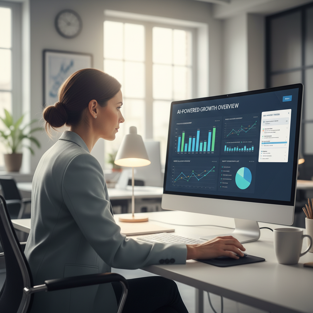 Marketing professional tracking AI visibility mid-market performance metrics on a digital dashboard in a modern workspace