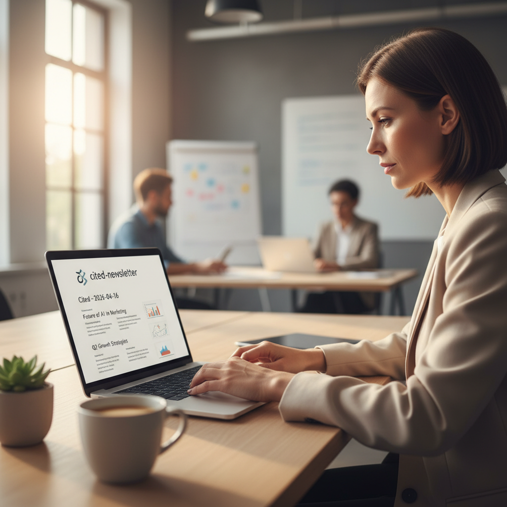 Marketing director reading a cited-newsletter on laptop, tracking AI search visibility updates and competitor benchmarking insights