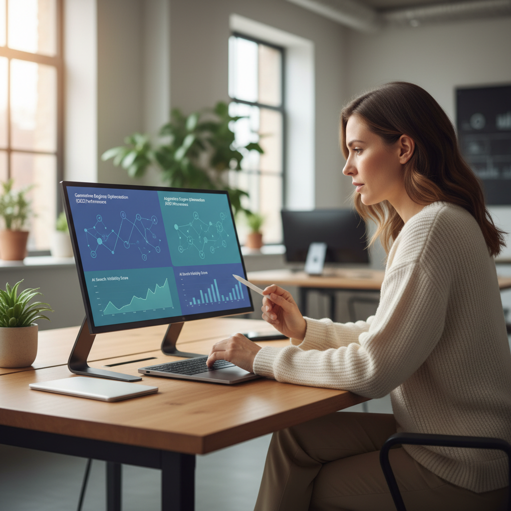 Marketing professional analyzing AI search data on a laptop, exploring the generative engine optimization definition and its impact on brand discovery