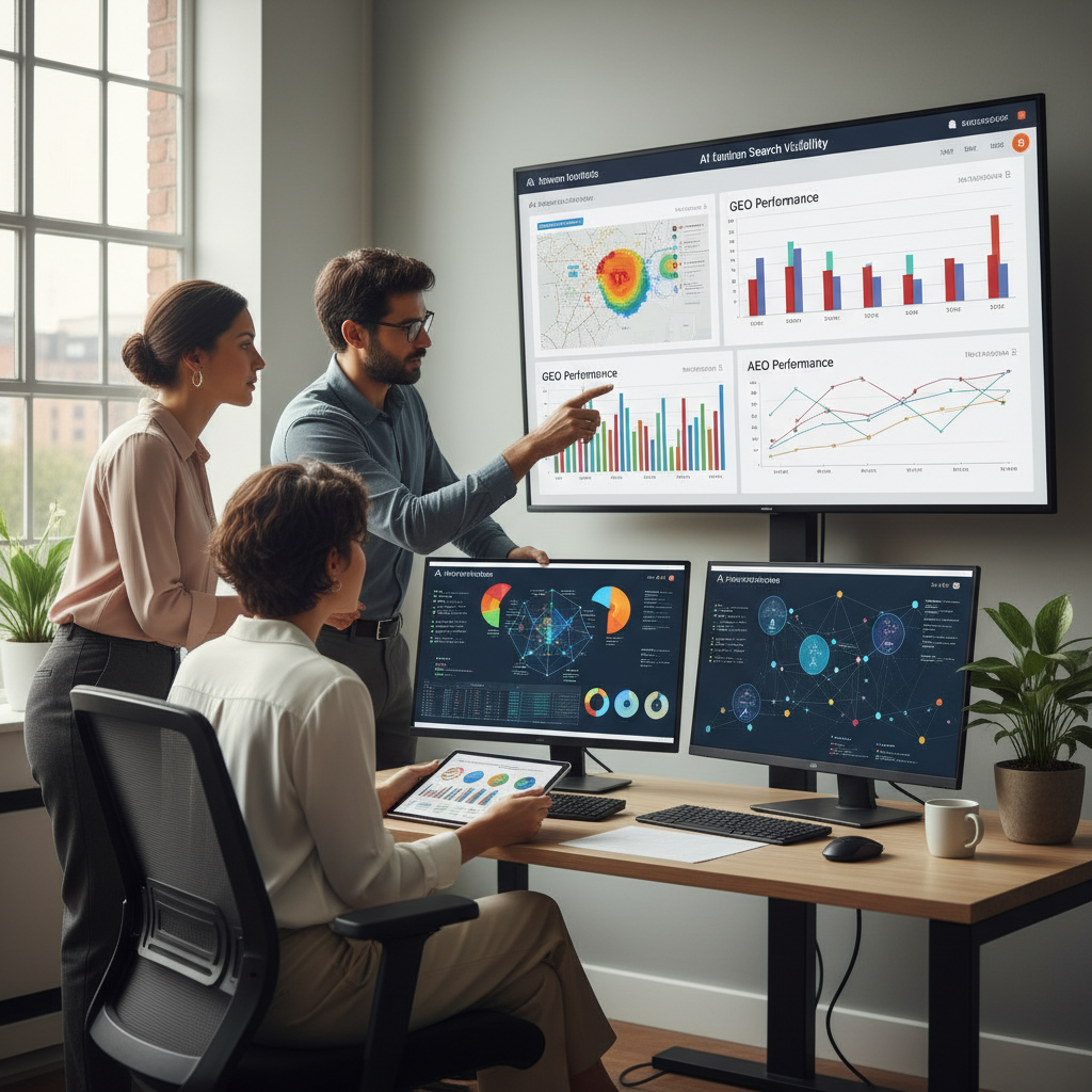 Marketing team analyzing AI search performance metrics on screen, weighing GEO vs AEO prioritization for growth