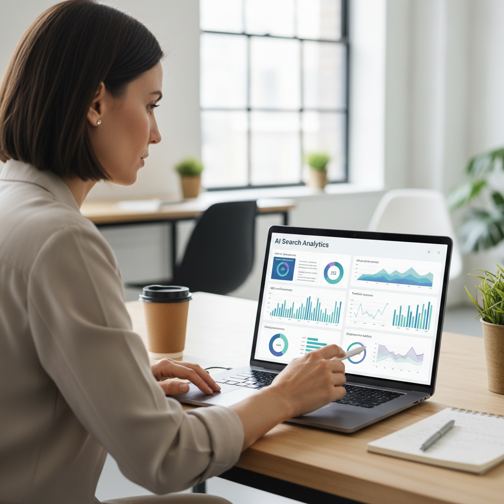 Marketing professional reviewing AI search analytics, reflecting the cited-newsletter focus on measurable GEO visibility and competitive benchmarking