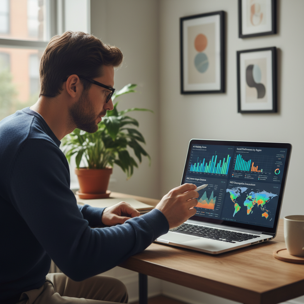 Marketing professional reviewing answer engine optimization vs GEO performance metrics on a laptop with analytics charts