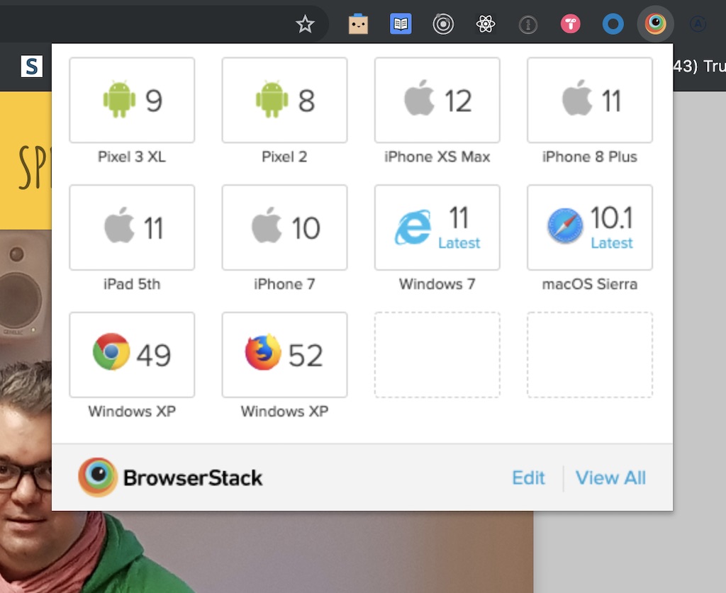 Chrome BrowserStack Plugin showing favorite browsers