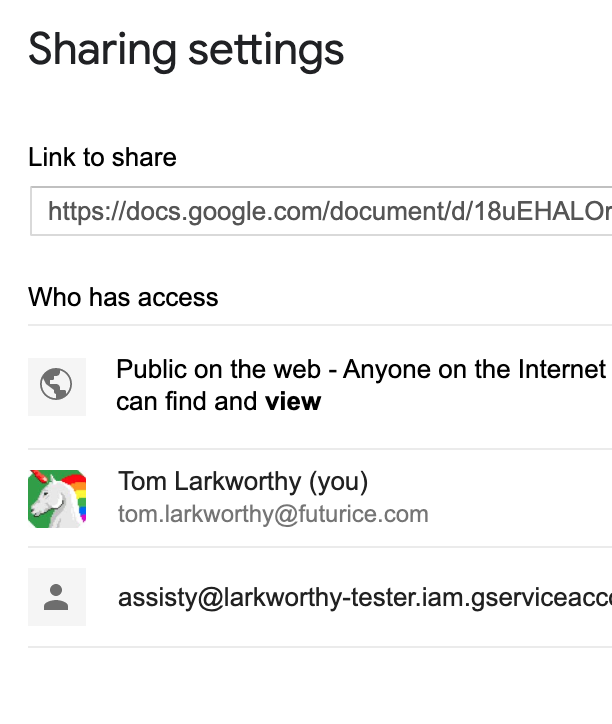 Share a google doc with a service account