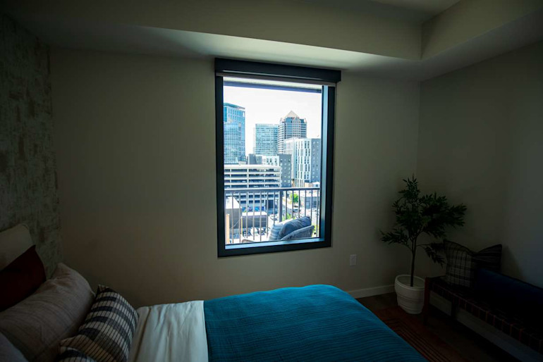 View of downtown Salt Lake from a bedroom window inside the Worthington Residences