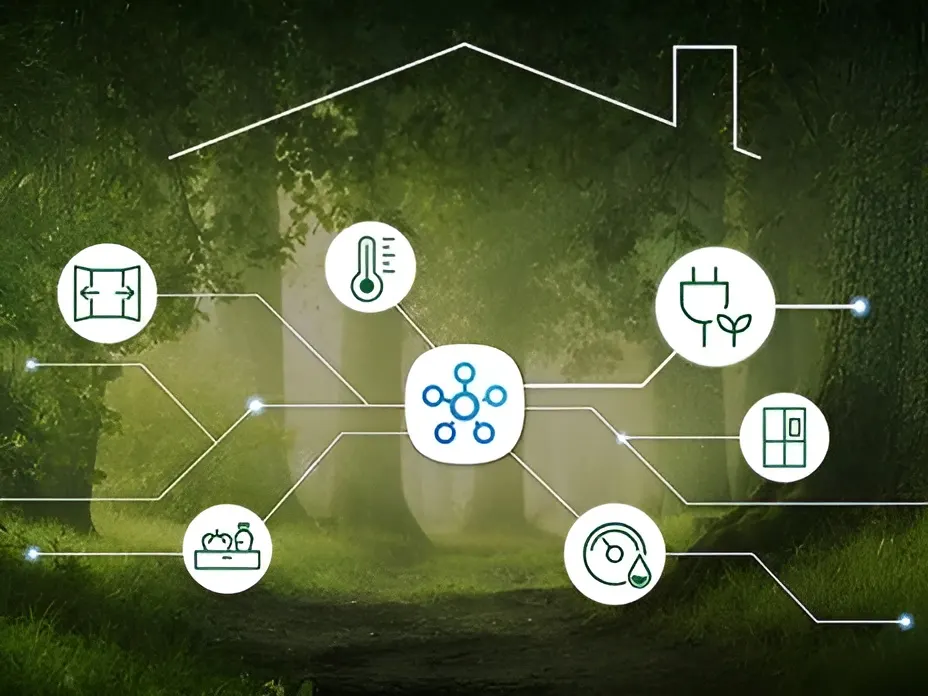 Une forêt représentant l'environnement et des logos pour illustrer l'écologie.