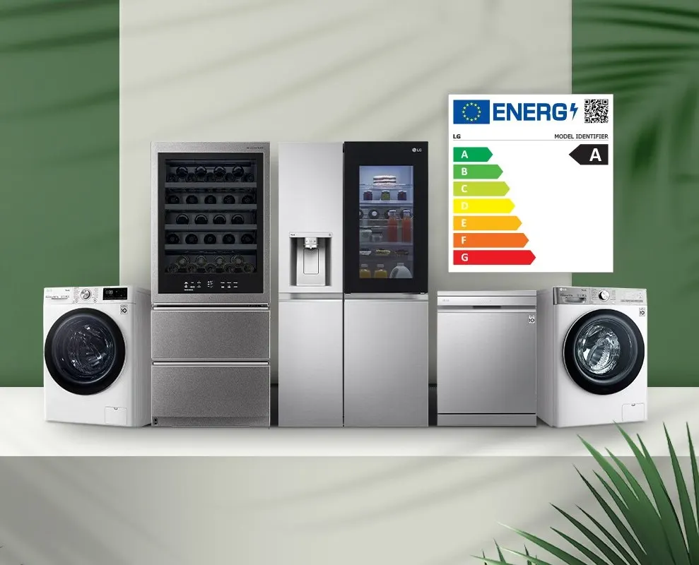 A group of appliances in a row with an energy label.