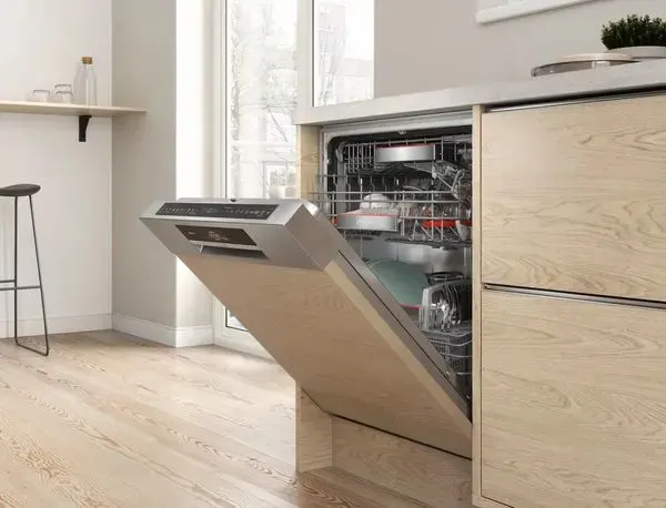 A semi-integrated dishwasher.