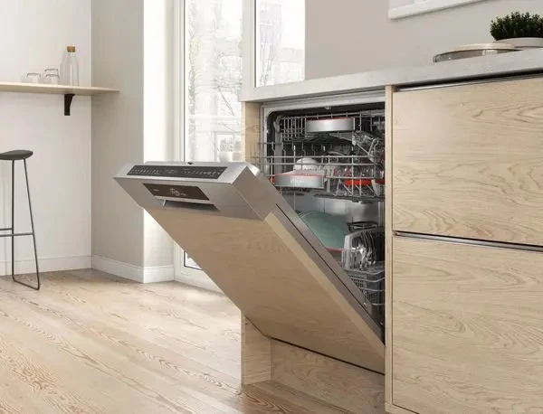 A semi-integrated dishwasher.