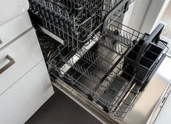 A dishwasher with a basket open.