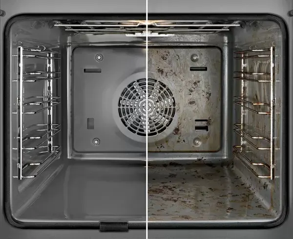 A comparison between a clean and a dirty oven.