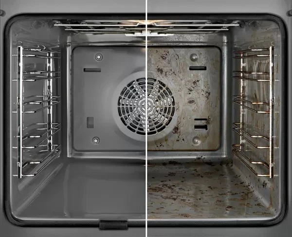 A comparison between a clean and a dirty oven.