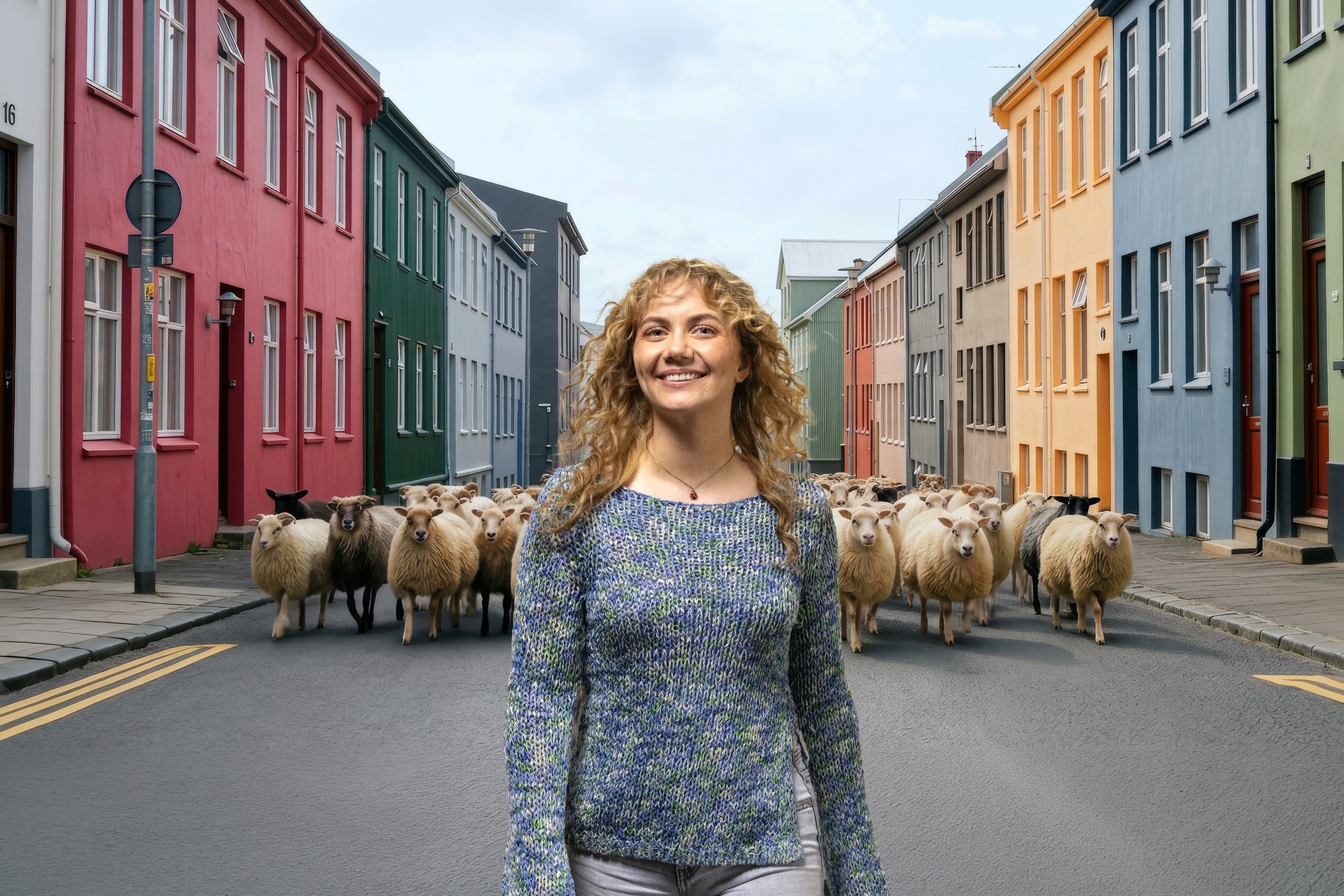 Arion framtíð - Kona á gangi milli litríkra húsa, kindur í bakgrunni