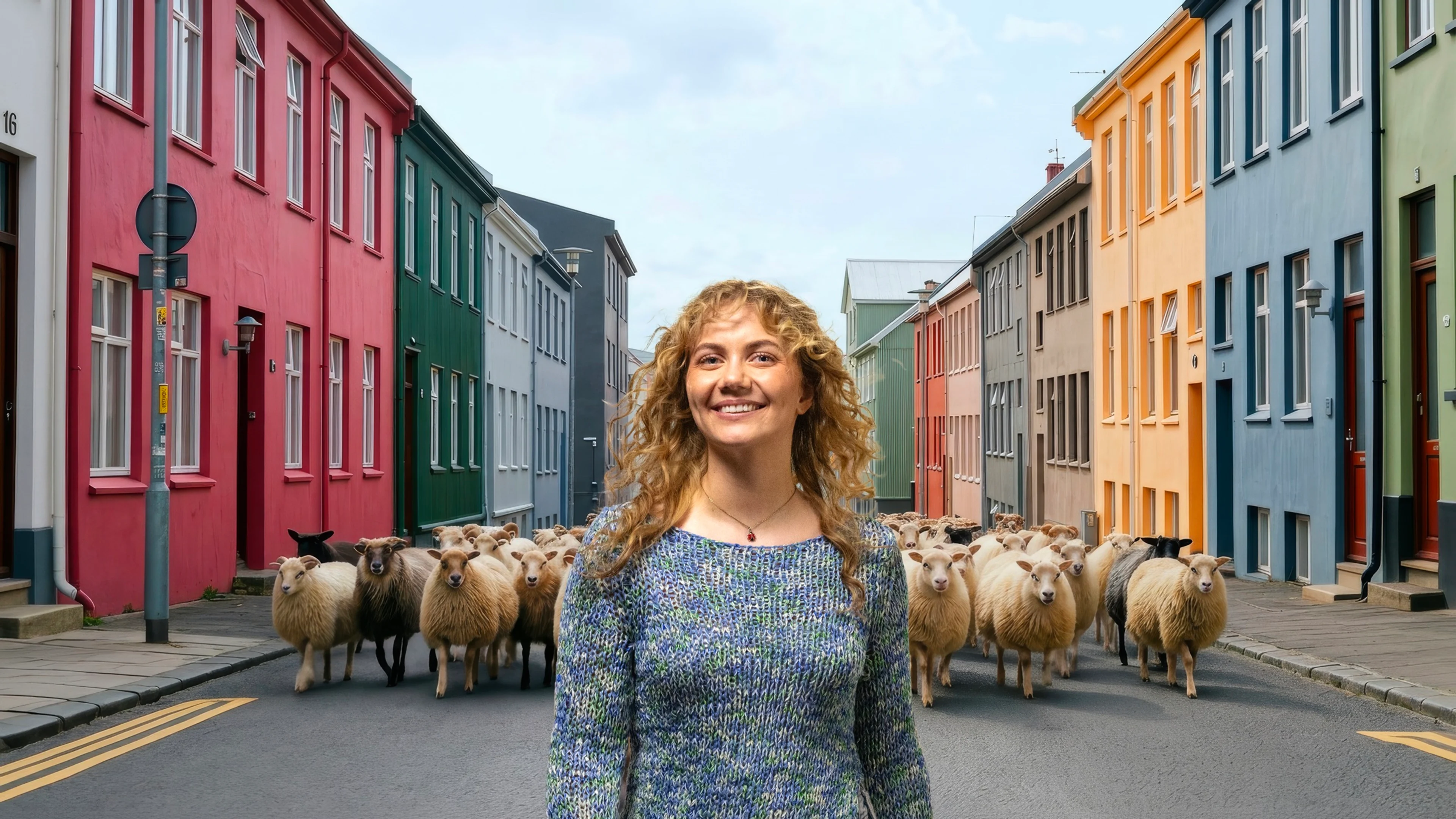 Arion framtíð - Kona á gangi milli litríkra húsa, kindur í bakgrunni