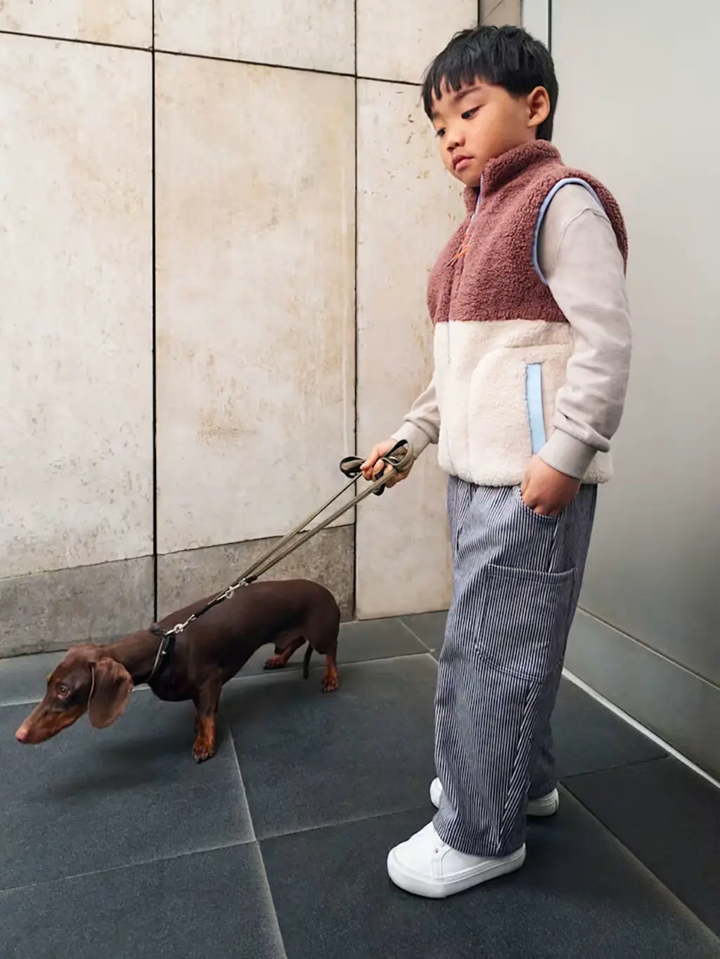 Boy walking dog