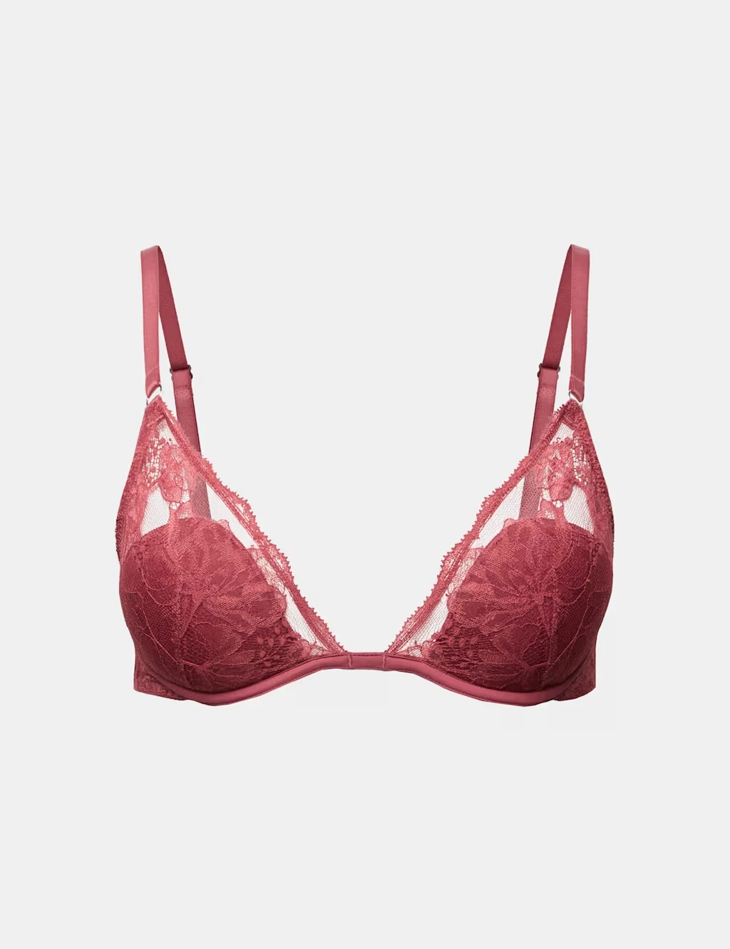 Red lace plunge bra with a floral design.