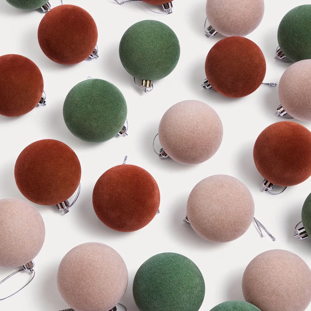 A selection of baubles in muted colours