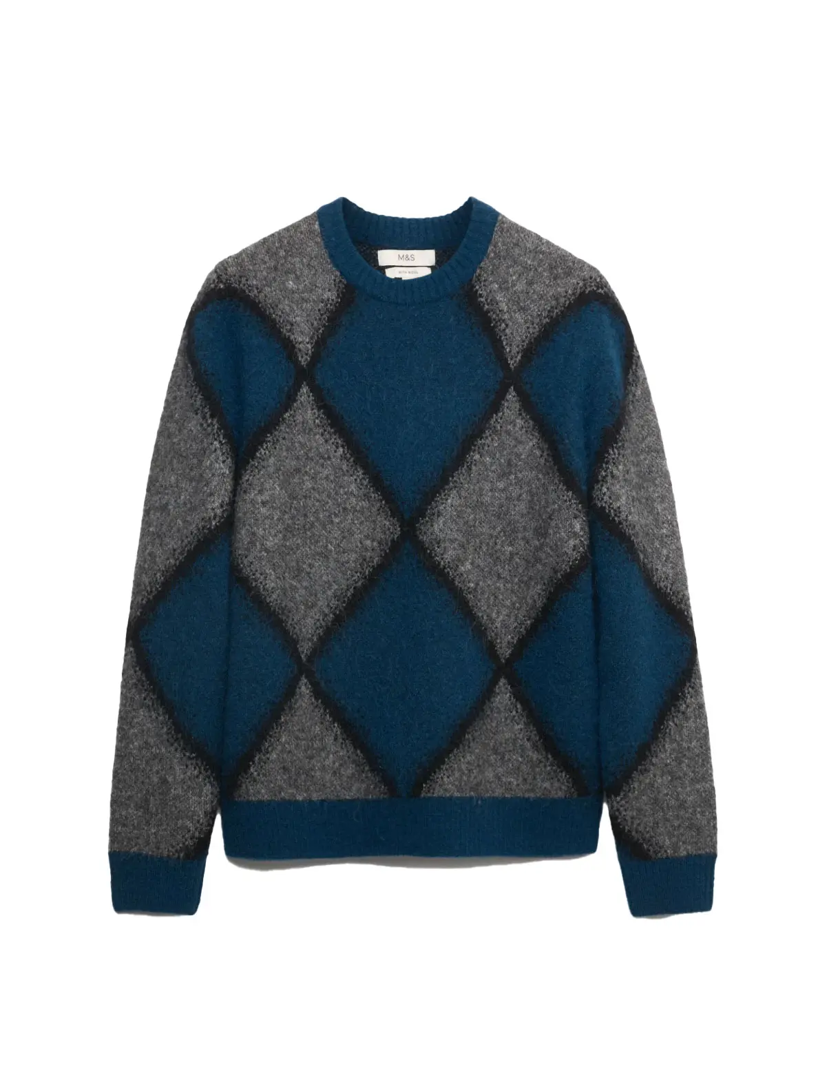 Argyle crew neck jumper in dark blue and grey