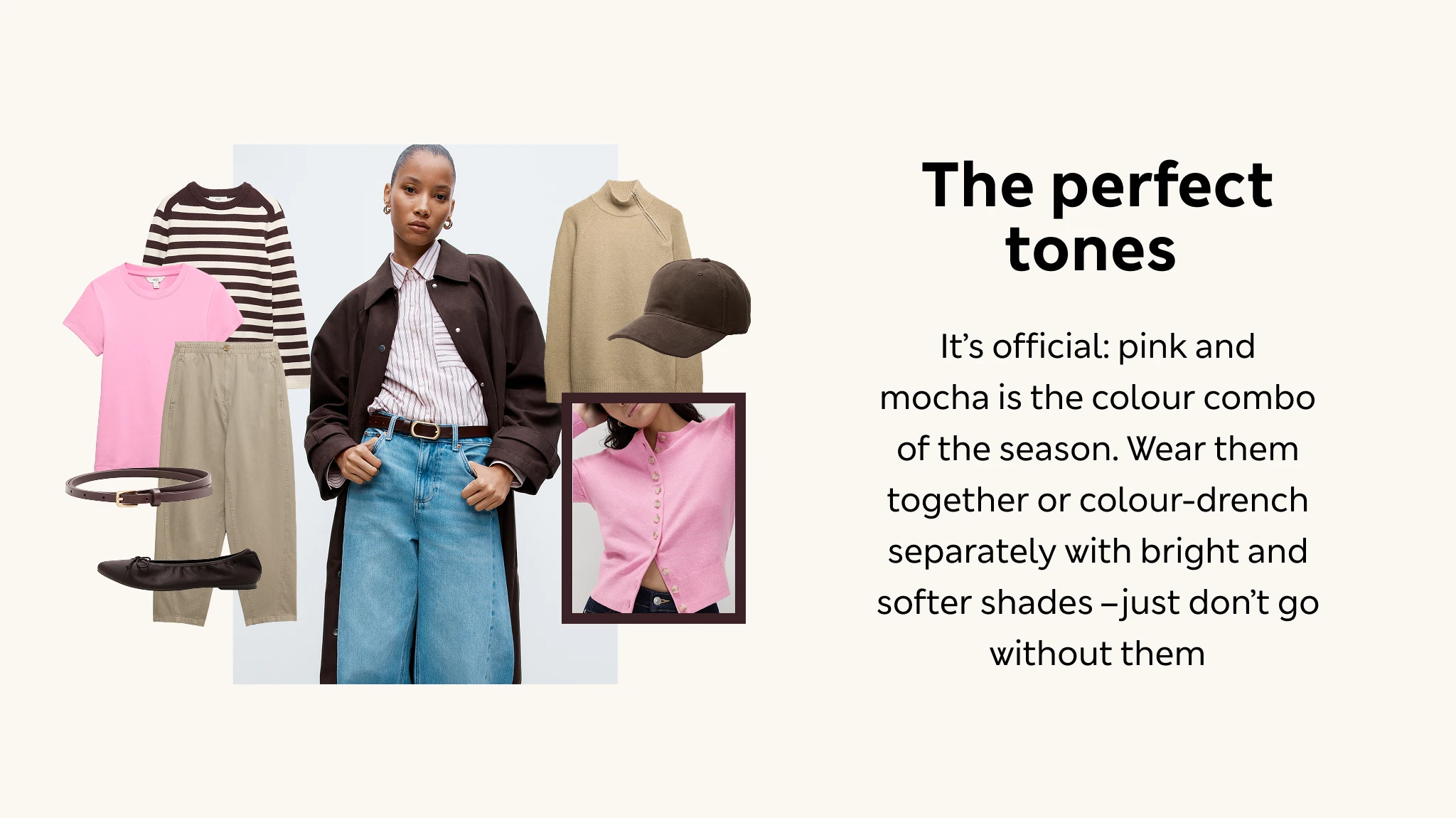 Woman wearing pink shirt and brown car coat