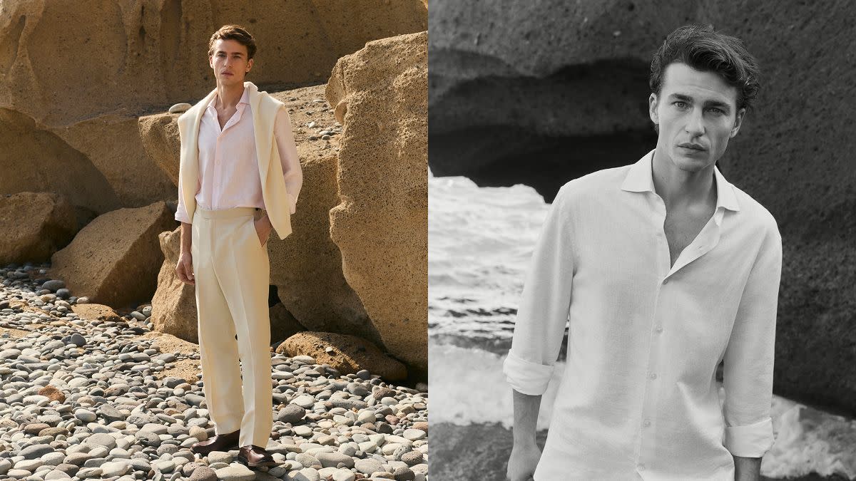 Two images of man in white suit and shirt on beach