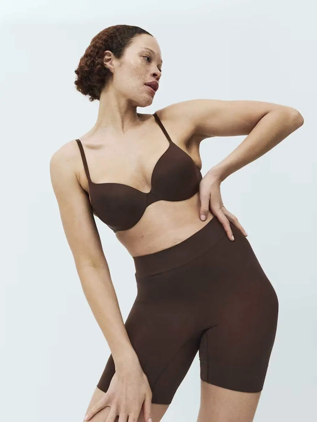 Woman in brown anti-chafing shorts