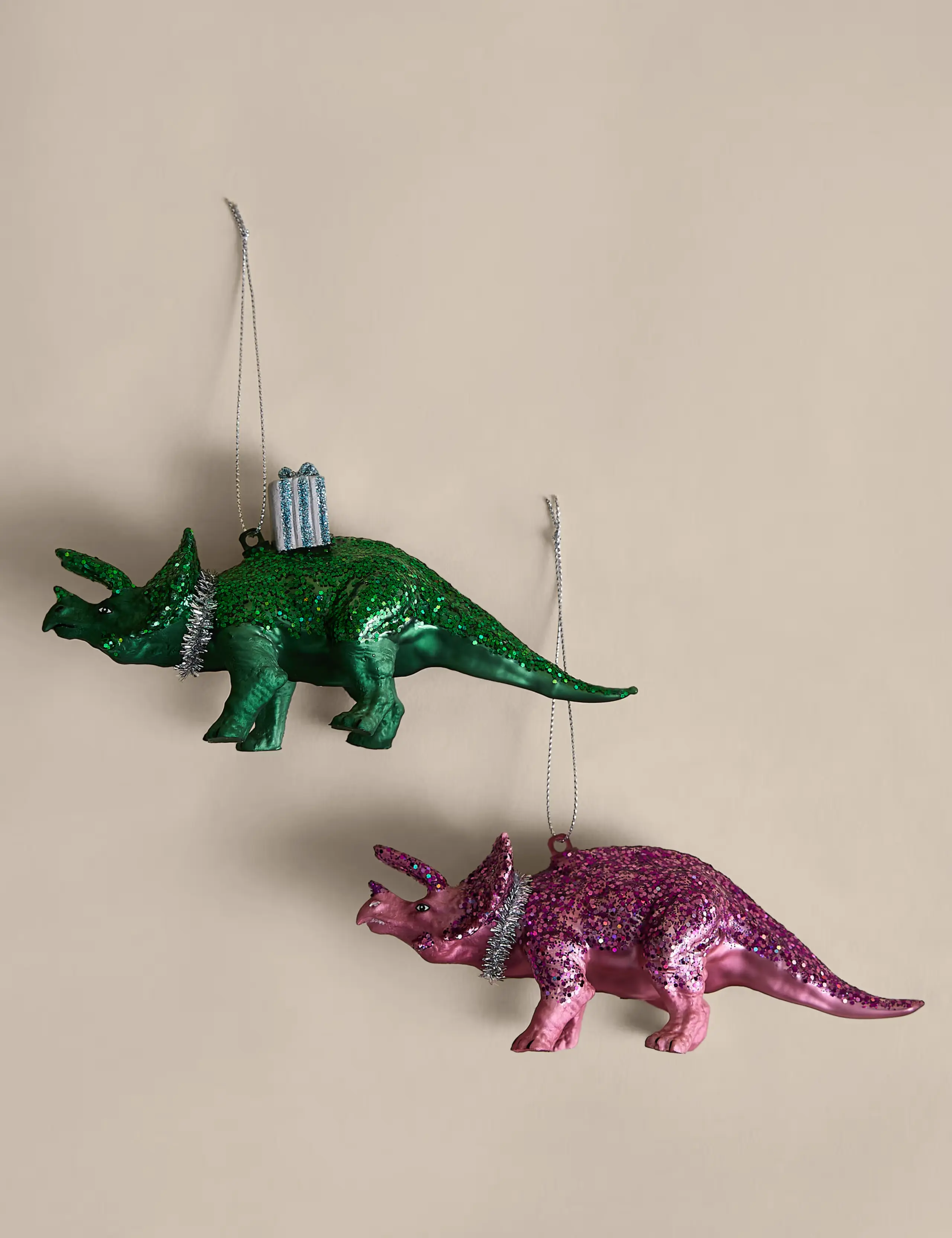 2 Pack Glitter Party Dinosaur Baubles