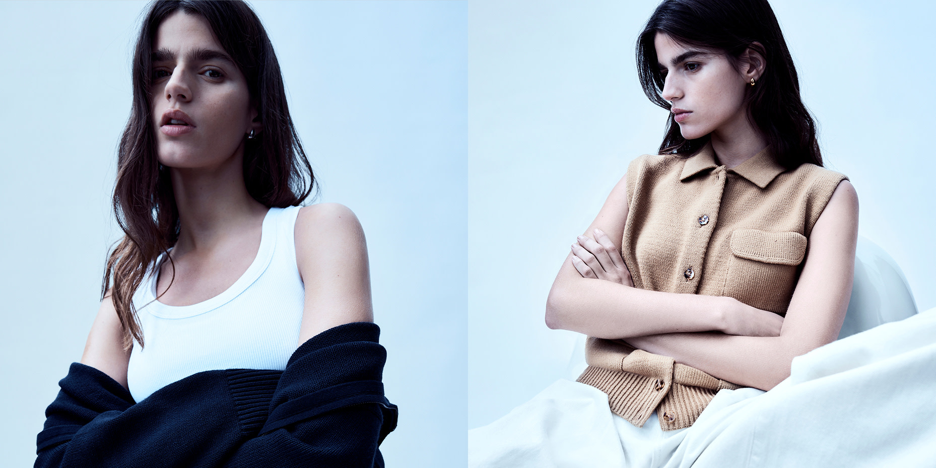 Woman wearing white top on left, woman wearing beige top on right