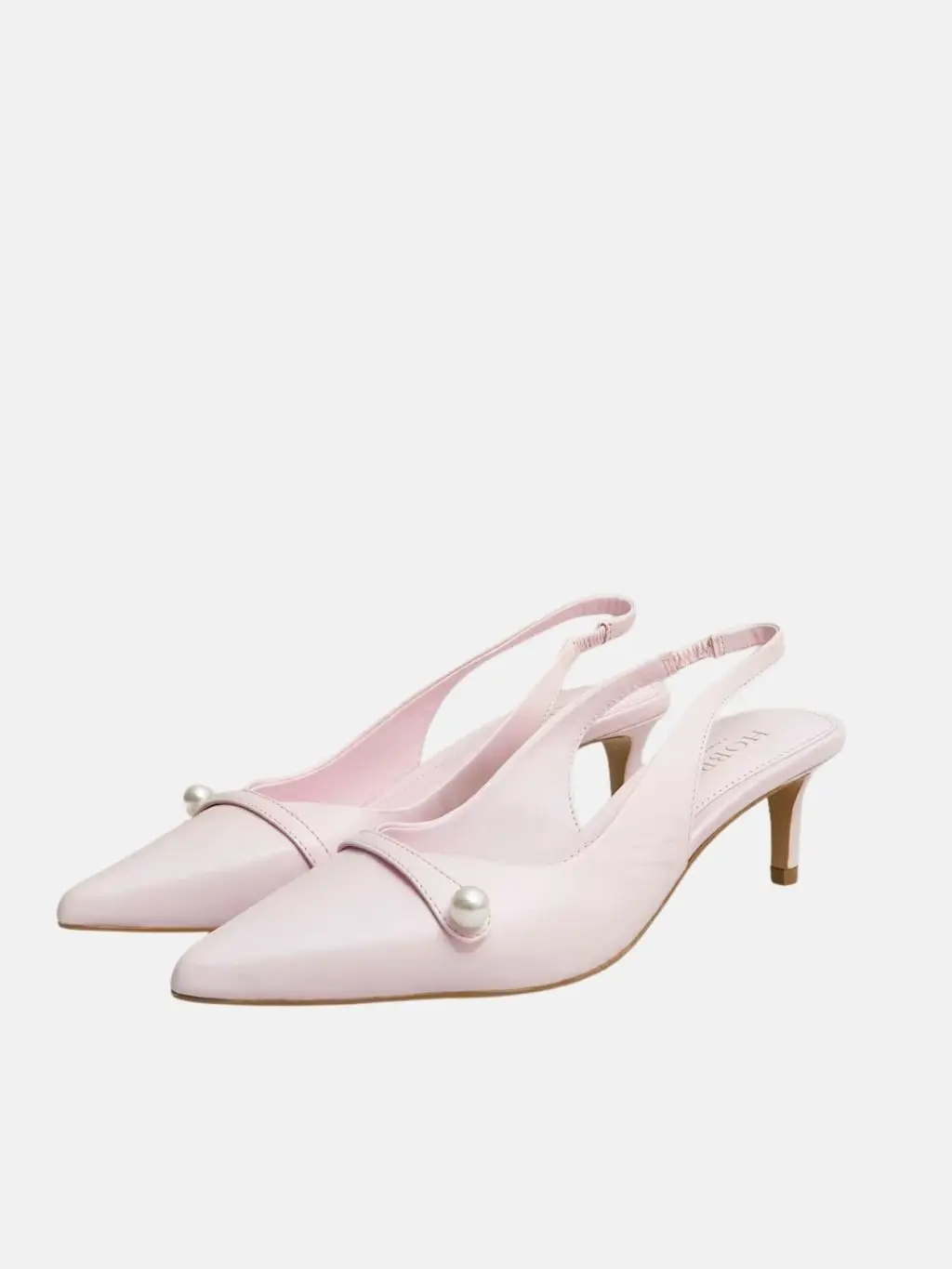 Pink kitten heels with a pearl on the top by Hobbs