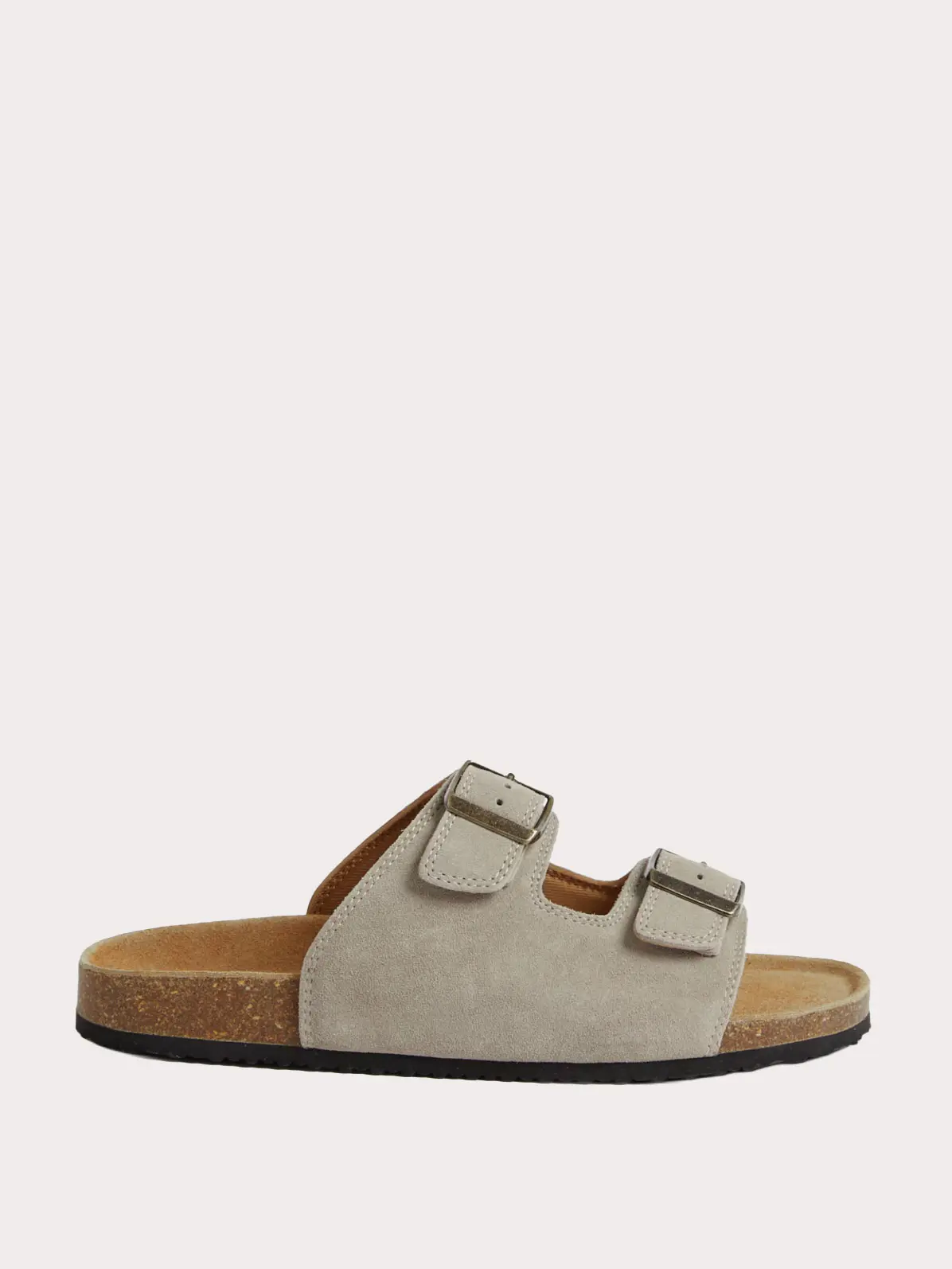 Suede slip on sandal with cork footbed and buckle details 