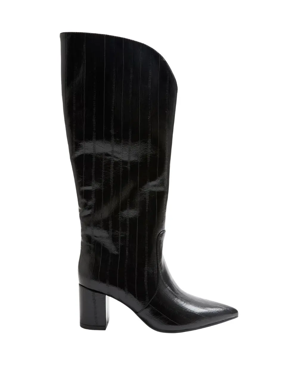 Mock-croc heeled knee-high boot in burgundy