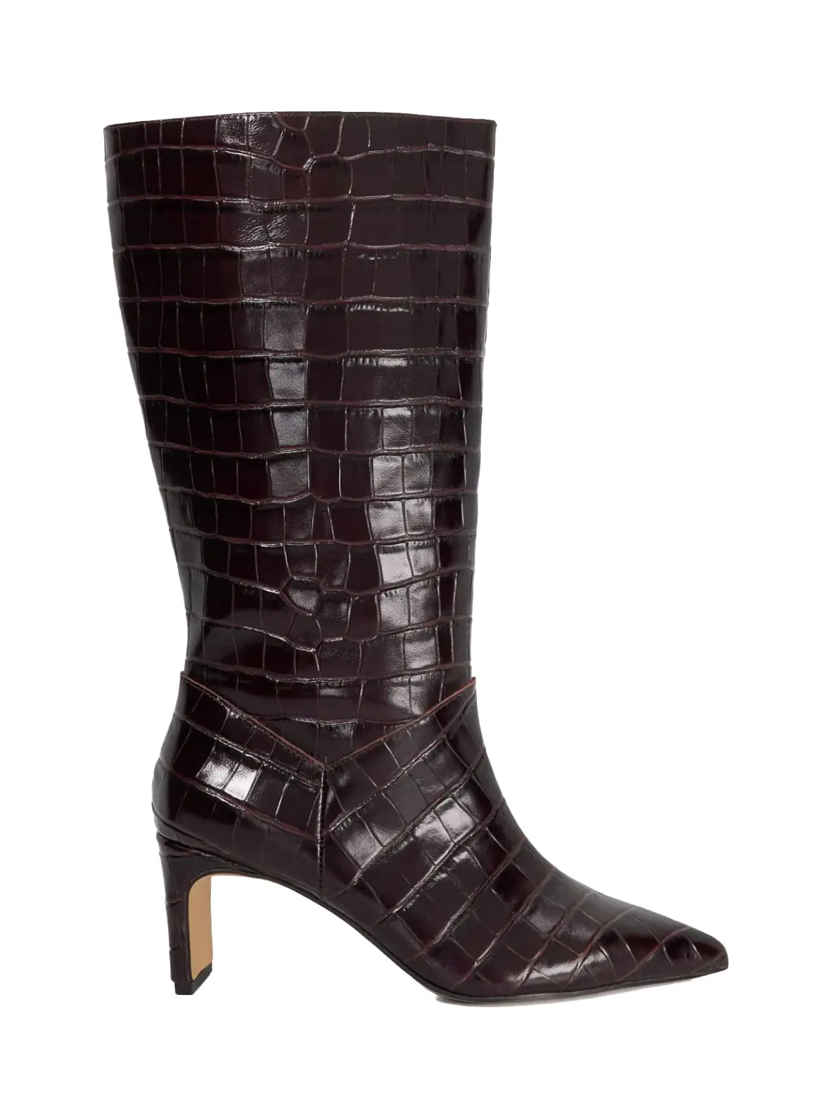 Mock-croc heeled knee-high boot in burgundy