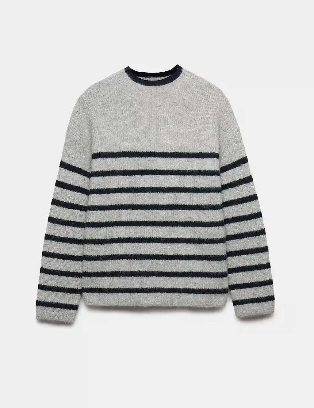 Grey knitted jumper with navy blue stripes and a funnel neckline.