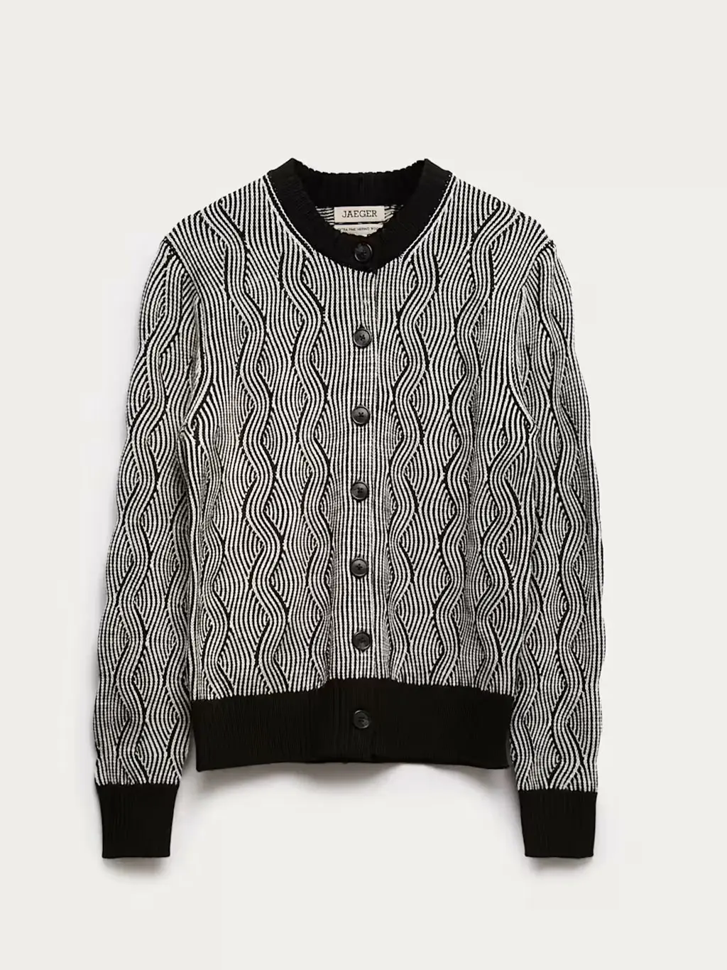 Black and white patterned cable-knit cardigan