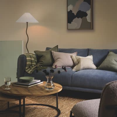 Cushions on navy sofa with wooden coffee table. Read & shop