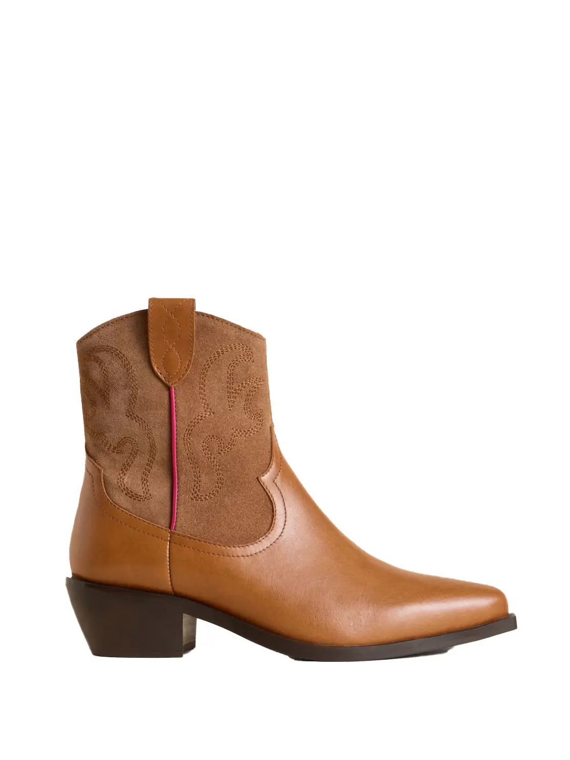 Brown leather Western boot with low block heel and pointed toe