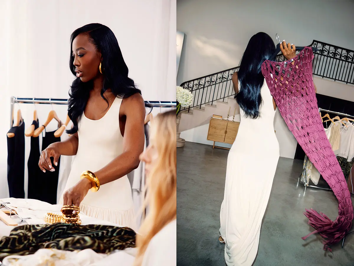 Collage of two images of the same woman in a white dress