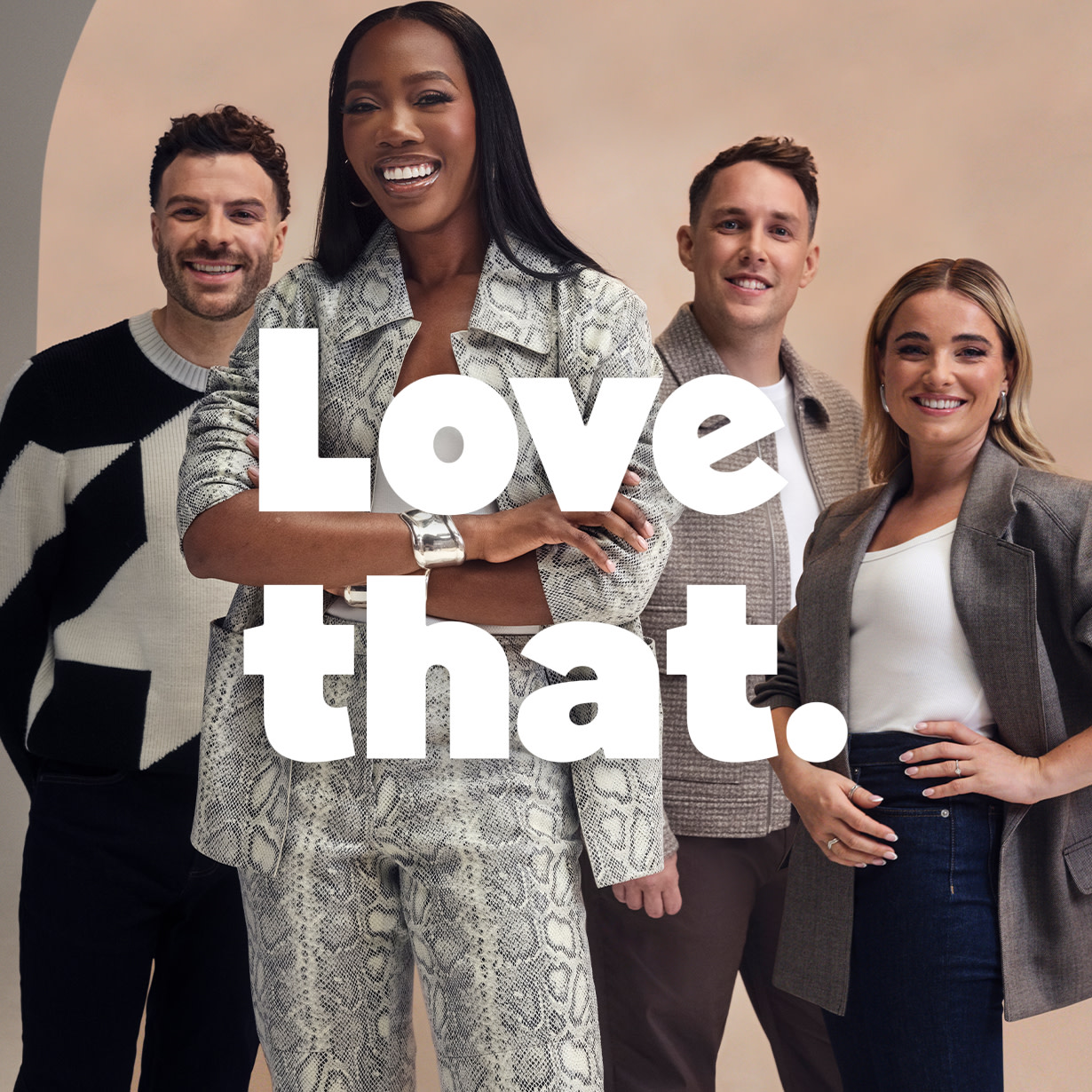 Jordan North, Sian Welby and Chris Stark with celebrity fashion stylist and entrepreneur Melissa