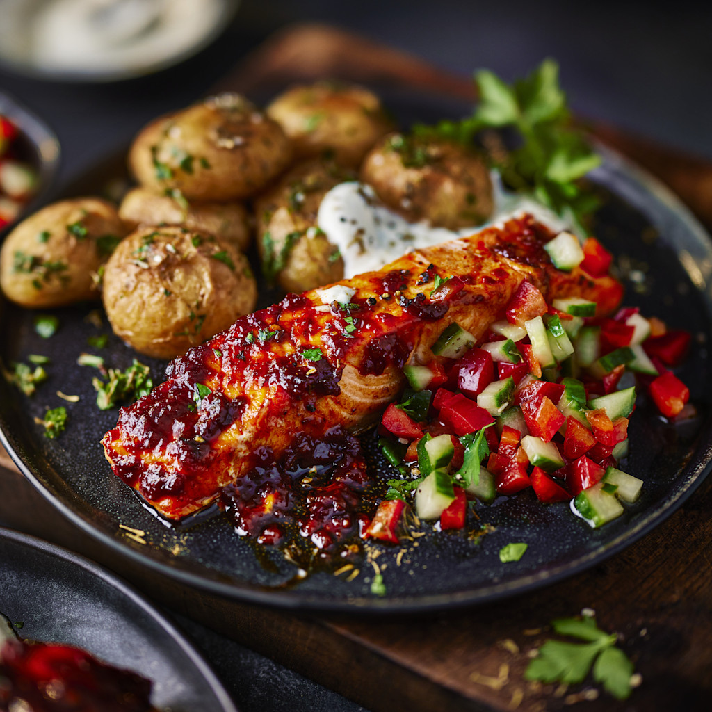 Honey harissa salmon on black plate