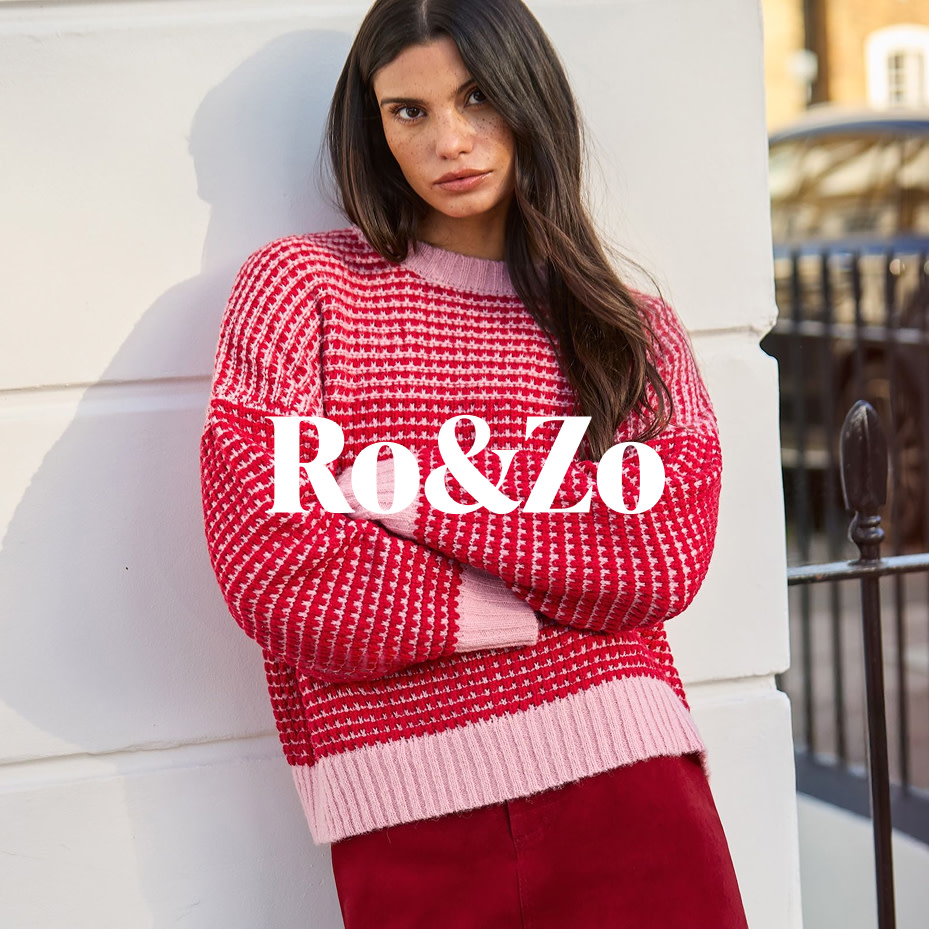 Woman wearing pink and red Ro&Zo jumper