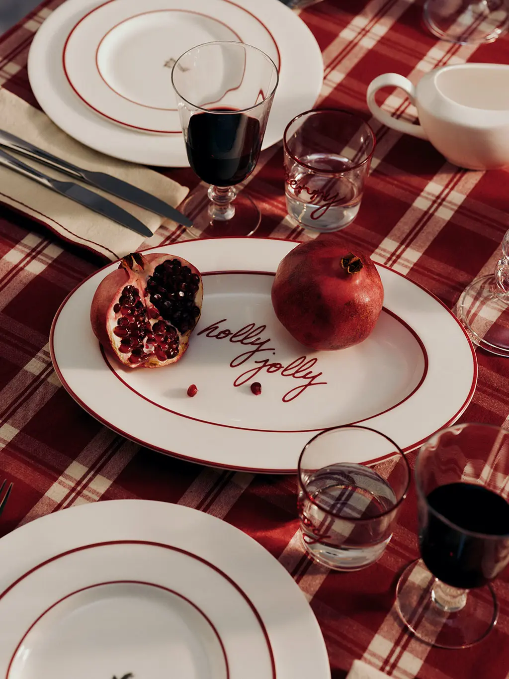 Table with serving dish and pomegranate