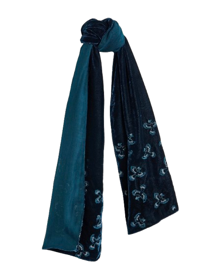 Teal velvet scarf with embroidered details