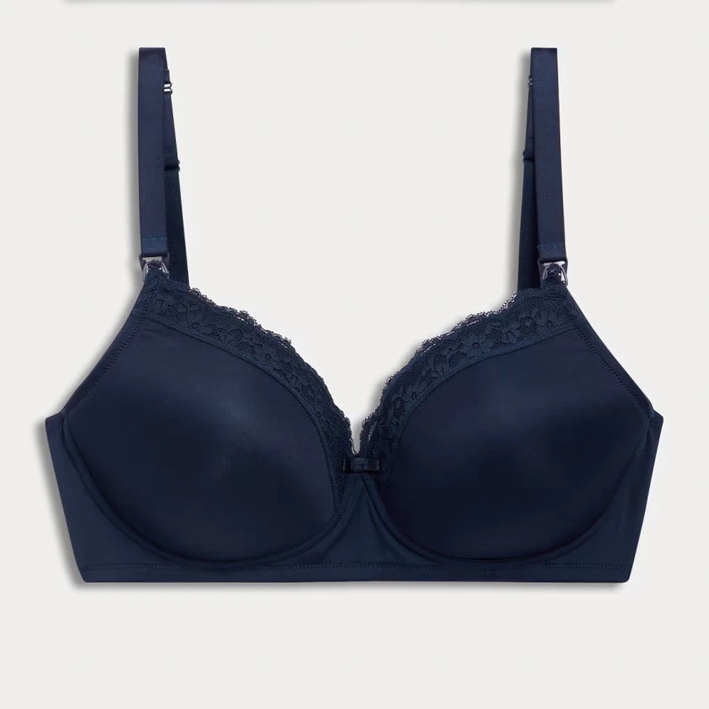 Navy maternity bra with lace trim