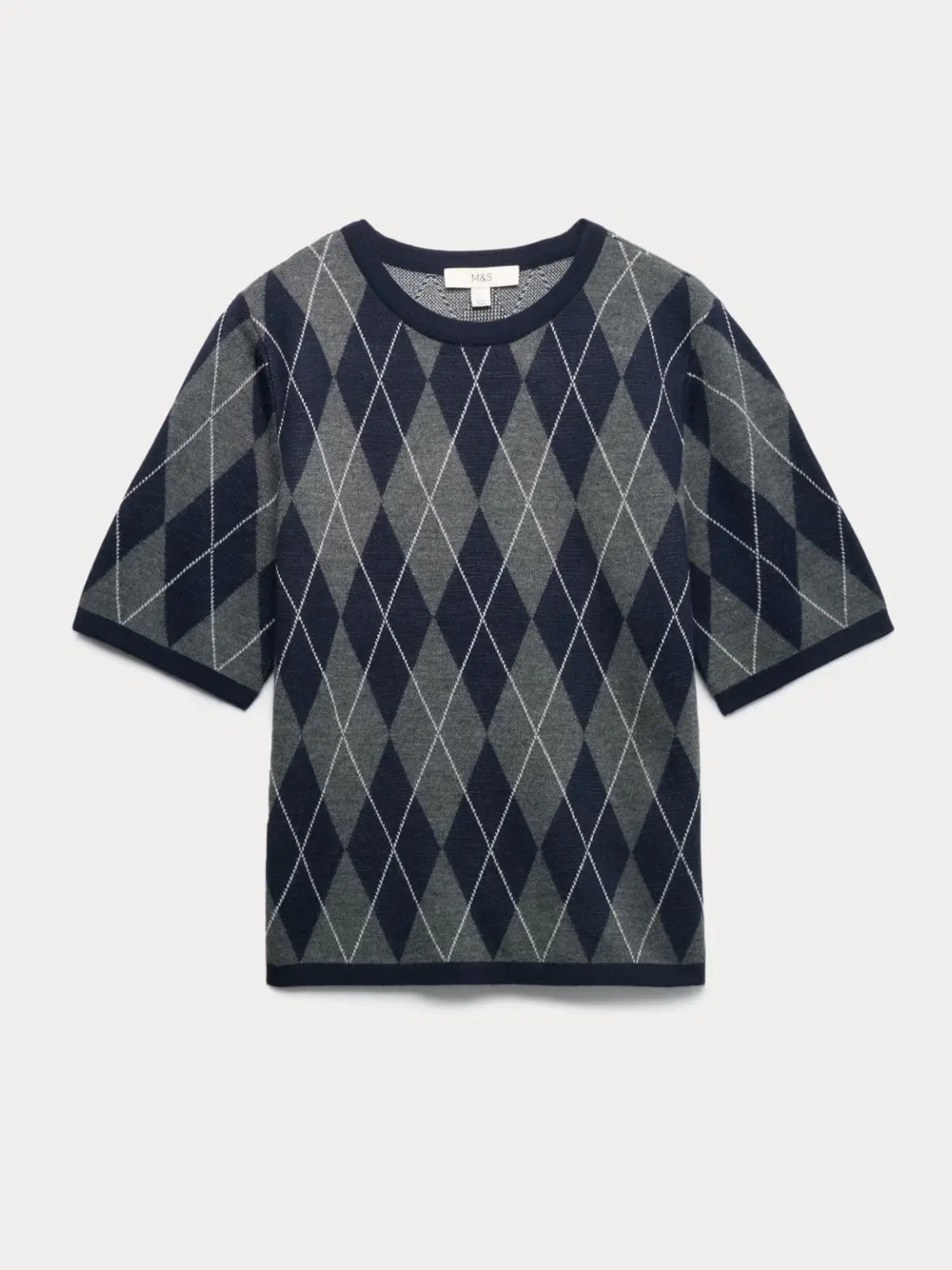 Argyle knitted top in navy and grey