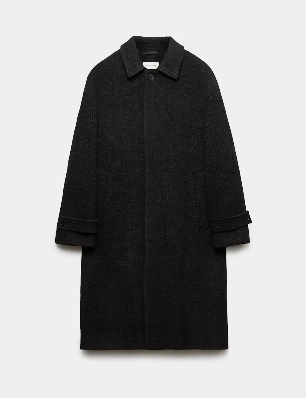 Men's long car coat with a subtle checked pattern.