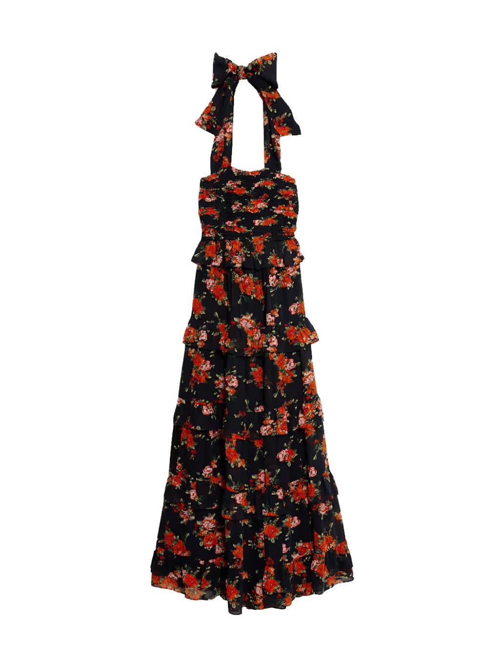 A dark black and red floral maxi dress