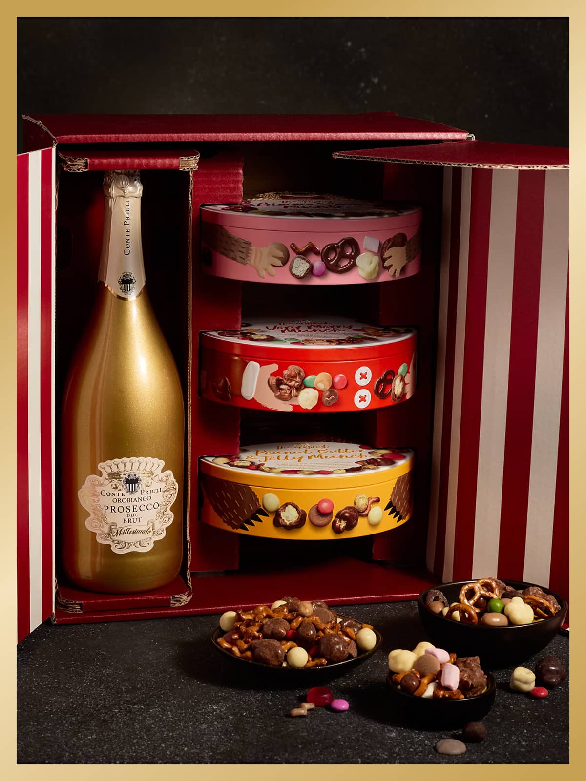 Prosecco and munch tins