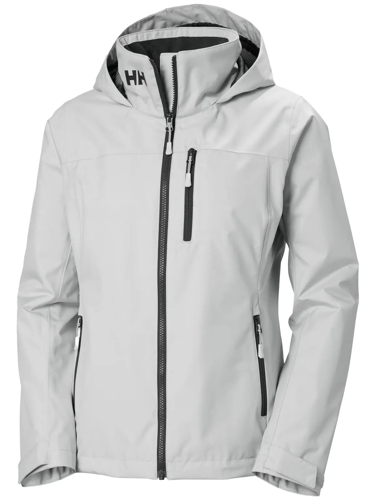 White hooded jacket with black accents and zip-up side pockets 