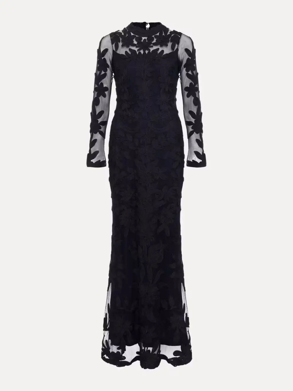 A cutout of a floor length lace and 
