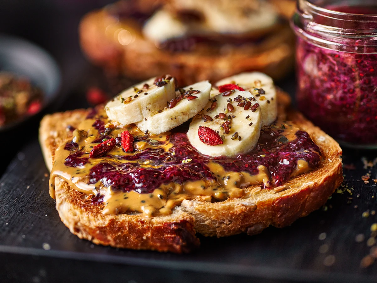 Peanut butter, jam and bananas on toast 