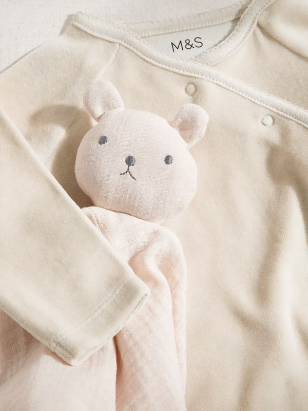 Soft bear toy and bodysuit. Shop baby shower gifts